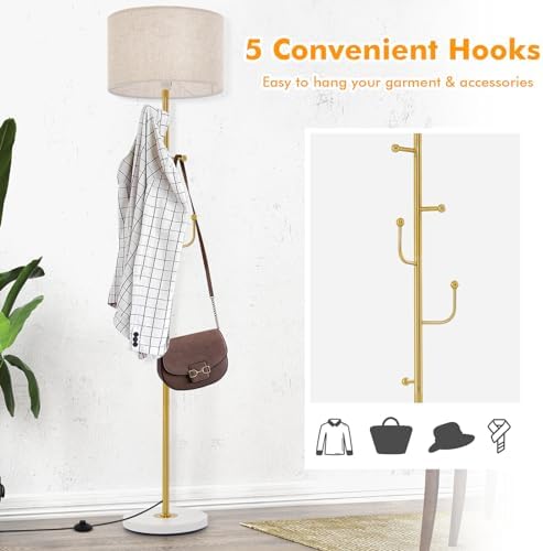 GiantexUK Floor Lamp with Coat Rack, Multi-Purpose Standing Lamp with Linen Fabric Lampshade, 5 Hooks, E27 Socket, Foot Switch & Large Base, Modern Reading Light for Living Room Bedroom Office