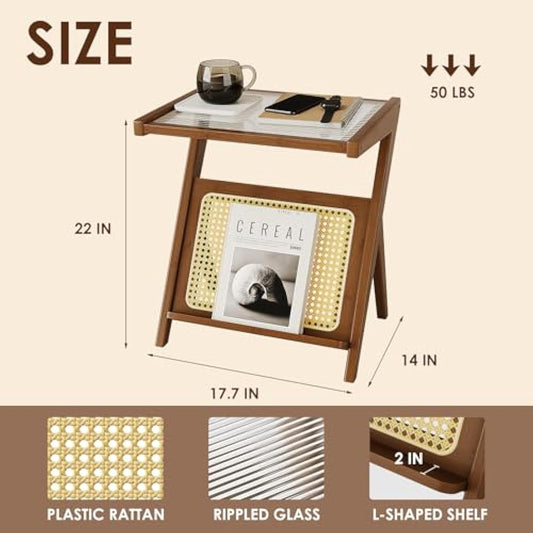 Bamworld Rattan Side Table Boho NightStand Mid Century Modern End Table Glass Bedside Table Small End Tables Bamboo Coffee Table with Storage Record Player Stand for Living Room Bedroom