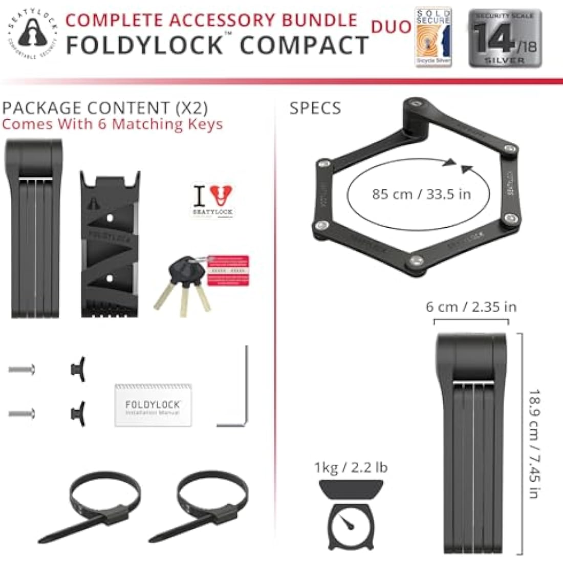 FoldyLock Compact Folding Bike Locks - Set of 2 Matching Bike Locks with 6 Identical Keys - Patented Lightweight Heavy Duty Anti Theft with Carrying Cases for Bicycles and E-Bikes - 85 cm