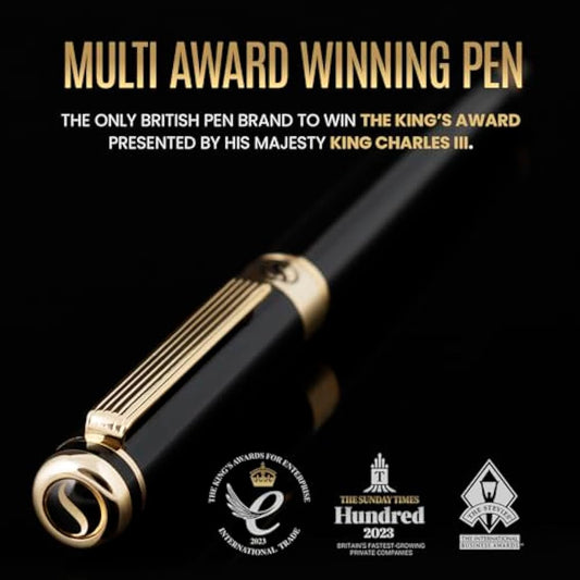 Scriveiner Black Lacquer Rollerball Pen - Multi Award Winning Luxury Rollerball Real Gold Plating, Schmidt Refill, Quality Executive Writing Pen for the Office, Journaling or Gift Set for Men & Women