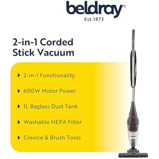 Beldray BEL0770N-GRY 2-in-1 Upright Stick Vacuum Cleaner – Corded Handheld Vac for Pet Hair, Lightweight Car Vacuum, Stairs/Upholstery, Bagless 1L Dust Tank, HEPA Filter, Crevice & Brush Tools, 600W