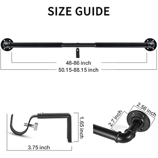 3 Pack Black Curtain Poles Metal, Industrial Curtain Rod for Eyelet Curtains, Industrial Curtain Pole for Windows 122cm-218cm, Room Divider Curtain Pole.