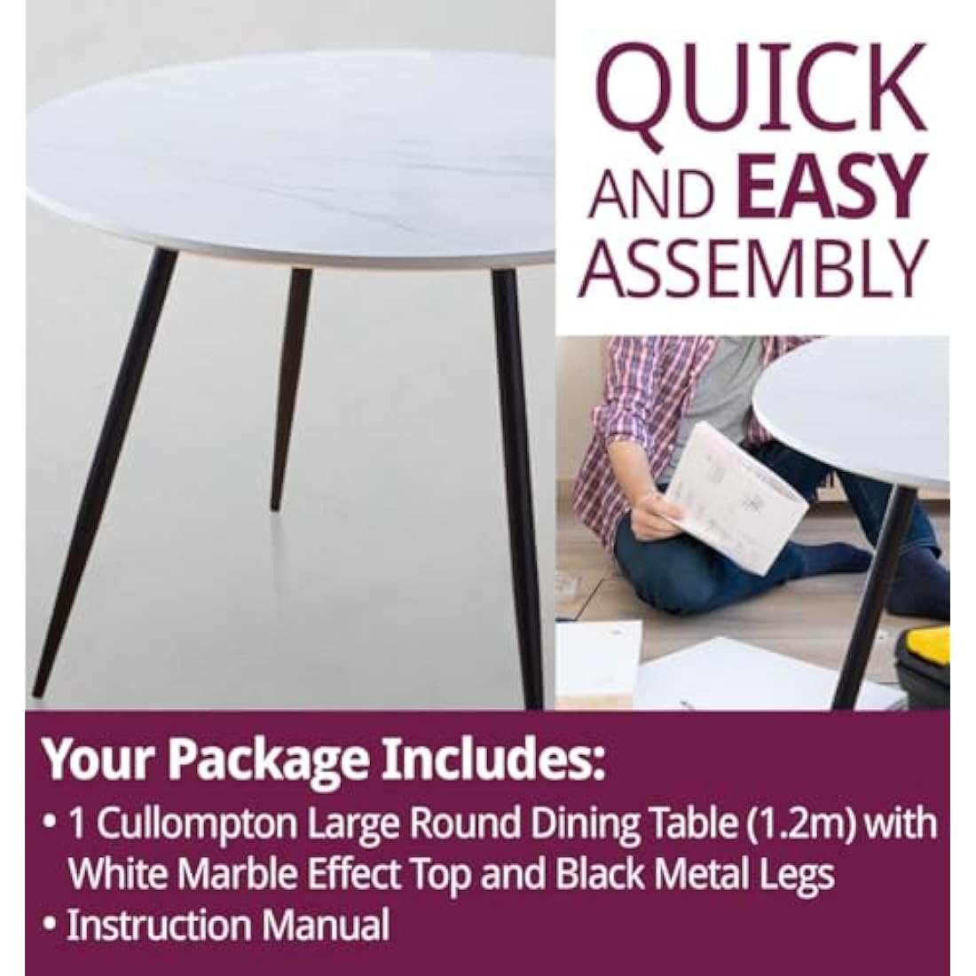 Hallowood Furniture Cullompton Large Marble Effect Top White Dining Table with Black Metal Legs, 4-6 Seater Round Table for Dining Rooms, Kitchens, or Cafés