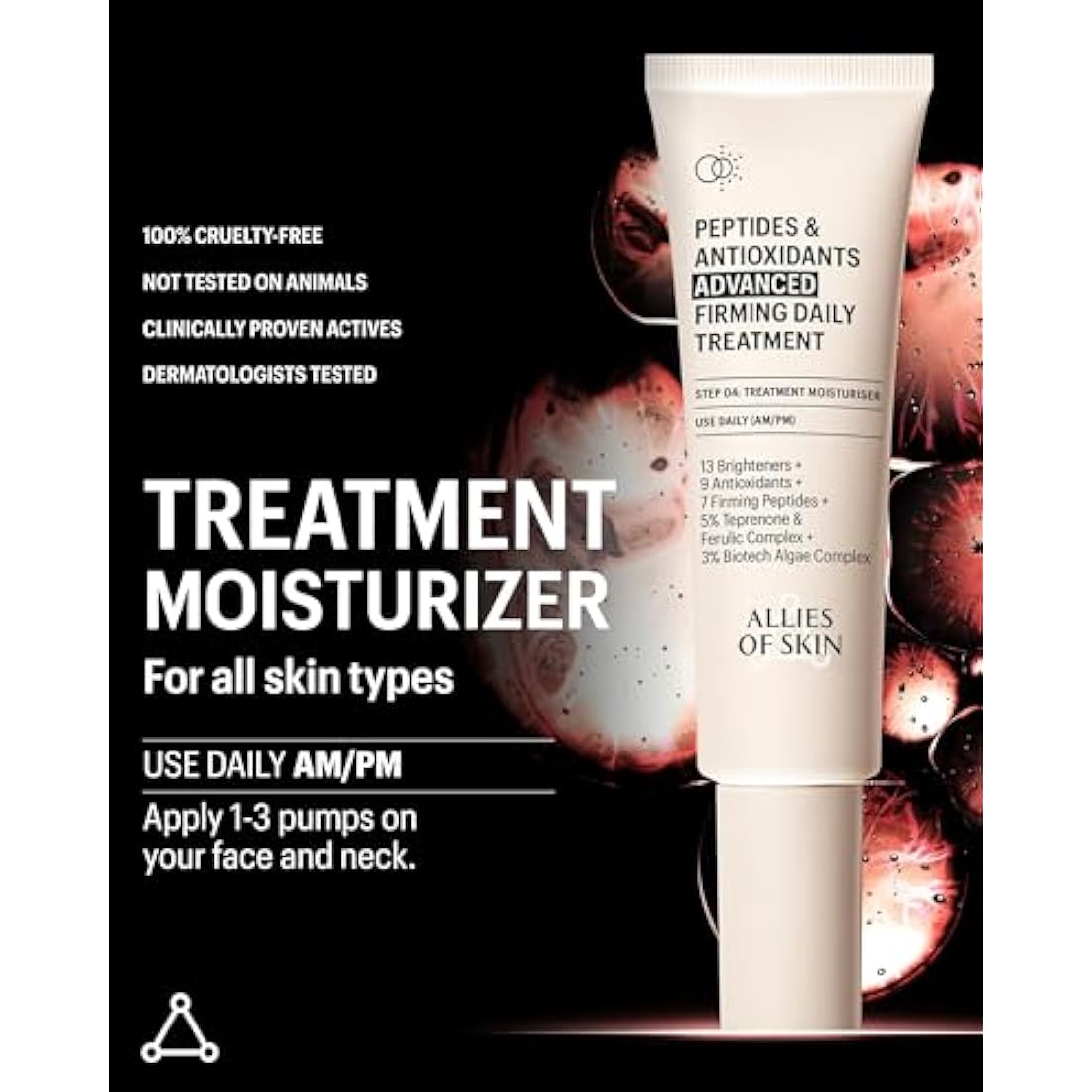 Allies of Skin Peptides & Antioxidants Advanced Firming Daily Treatment with 13 Brighteners, 9 Antioxidants, 7 Firming Peptides, 5% Teprenone & Ferulic Complex and 3% Biotech Algae Complex 48ml/1.6oz