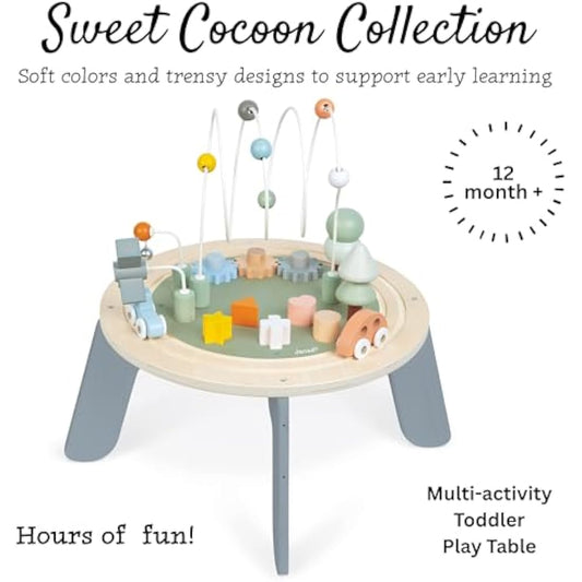 Janod J04402 Sweet Cocoon Wooden Activity Multi-Play Table Toddlers – Fine Motor Development – Non-Slip Feet – Water Painted and FSC Certified – Suitable for Age 1 Year and Above