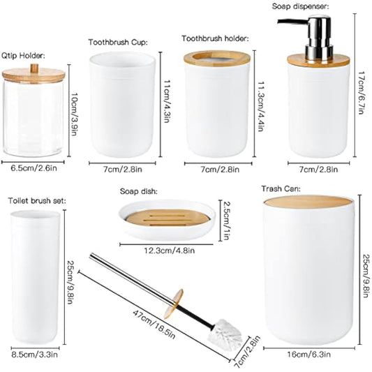 JOTOM 7 Pieces Bamboo Bathroom Accessory Set Luxury Plastic Accessories Qtip Holder Toothbrush Tumbler Toilet Brush Soap Dish Trash Can Dispenser Bath Gift (White) (JQJT1009)