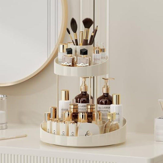 Baoswi 360° Rotating Makeup Organiser, 2 Tiers Perfume Organiser, Skincare Cosmetic Organiser, Dressing Table Organiser for Lipsticks, Makeup Brushes, Lotion, Perfume, Cosmetic (Beige)