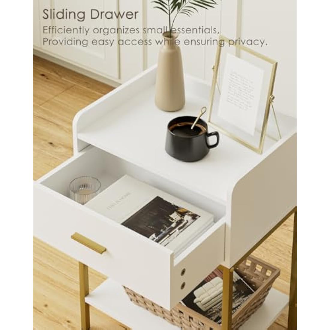HEYZOEY Bedside Table, 3-Tier Bedside Cabinet with Storage Drawer and Open Shelf, Small End Side Table with Gold Legs for Bedroom, Living Room, White