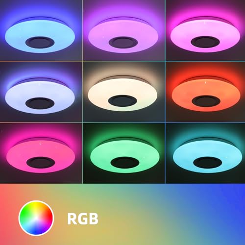 Horevo LED Ceiling Light Flush Mount Fixture with Bluetooth Speakers, 36W 20 Inch 6500K, Dimmable Recessed Down Lights, APP Remote Control/Timer/Color