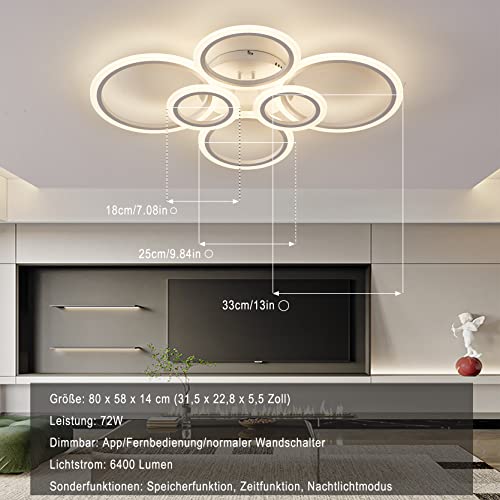 Modern Ceiling Light Dimmable, L80cm, White Ceiling Light, 72W 6400LM, LED Ceiling Lamp with Remote Control for Living Room, Children's Room, Bedroom,
