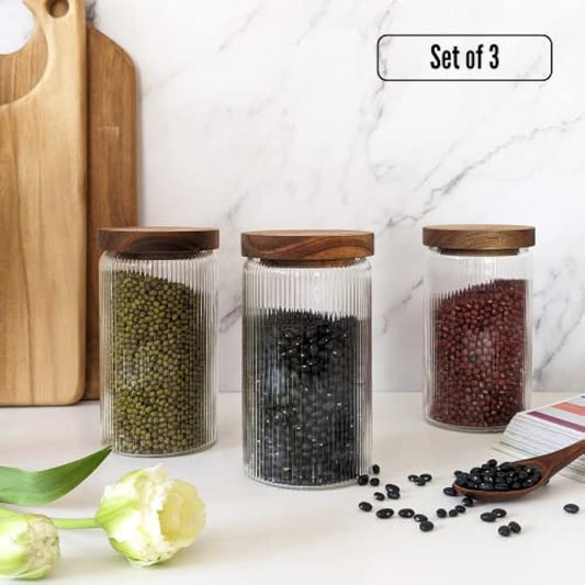 Mason & Fable Ribbed Glass Jar with Wooden Lid 800ml-Set of 3| Airtight Fluted Storage Canister for Food, Pasta, Coffee, Dog Treats, Snacks | Container for Home & Kitchen