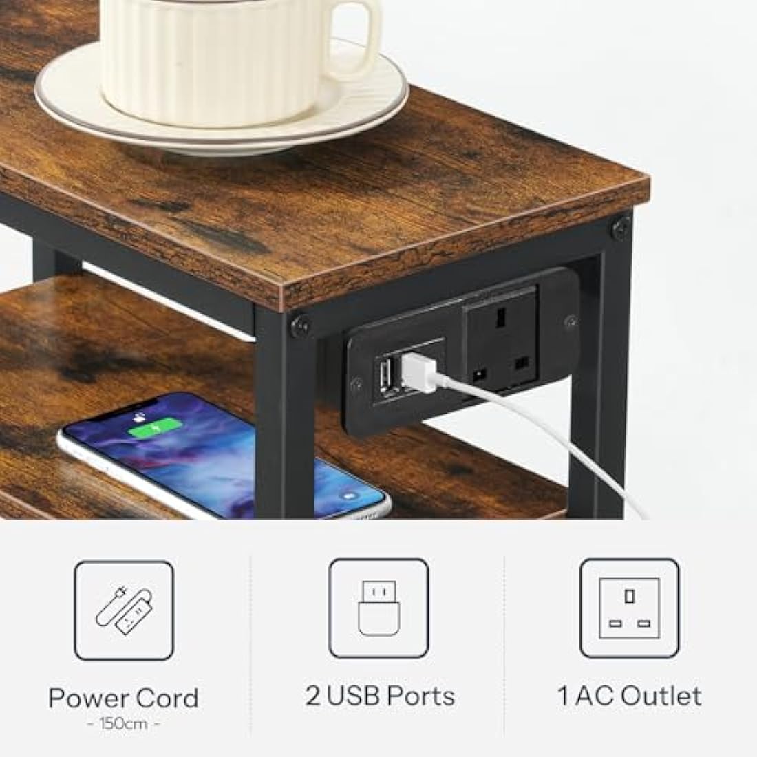 HOOBRO Narrow Side Table, Slim Side Table with Charging Station, USB Ports and Power Outlet, Bedside Table for Small Space, 40 x 20 x 60 cm, for Living Room, Rustic Brown and Black EBF125KBZ01