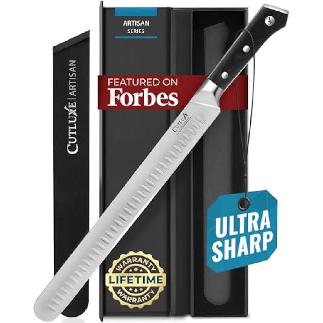 Cutluxe Slicing Carving Knife – 12" Brisket Knife, Meat Cutting and BBQ Knife – Razor Sharp German Steel, Sheath Included, Full Tang, Ergonomic Handle Design – Artisan Series