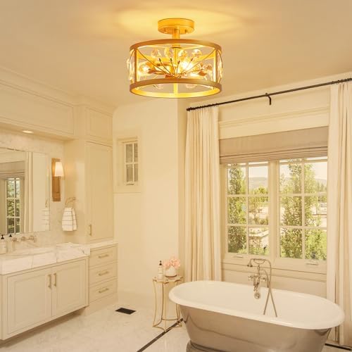 WUZUPS Crystal Leaf Chandelier 3-Light Vintage Farmhouse Industrial Semi-Flush Mount Ceiling Light Modern Lighting Fixture Foyer Hallway Storage Room Kitchen Bathroom, H 22 W 30, Gold