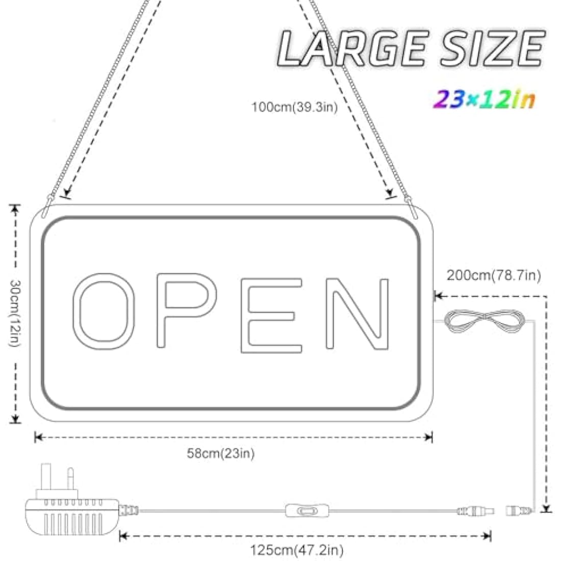 LightingWill LED Neon Open Sign, 23"x 12" Open Signs for Business with 12V On/Off Switch, Light Up Signs for Window, Coffee Shops, Stores, Restaurants Bars Hotel, Yellow/White, Horizontal