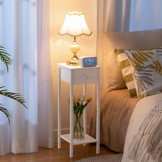 HOOBRO Slim Bedside Tables with Drawer, Small Side Table with Metal Frame, Tall Telephone Table for Small Spaces, Narrow Nightstand, Sturdy, White EWT771BZ01