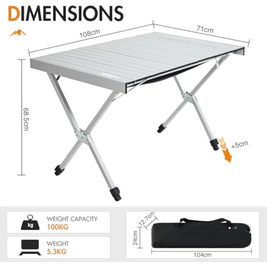PORTAL Large Camping Table Folding 108x71cm Height Adjustable Picnic Table Foldable All Aluminum Roll Up Top Collapsible Outdoor Desk Lightweight Garden Table Load 100KG for Caravan BBQ Dining Beach