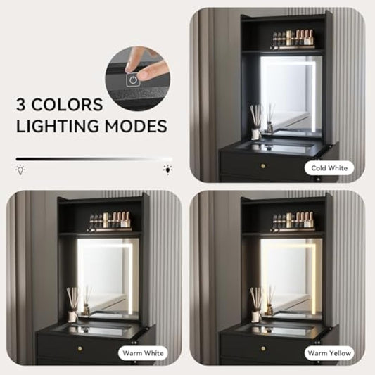 YOURLITE Dressing Table with LED Lights, Vanity Table with Adjustable Brightness Mirror, Glass Tabletop Makeup Desk with 2 Drawers & shelves, Small Compact Black Makeup Table with Fold-up Panel