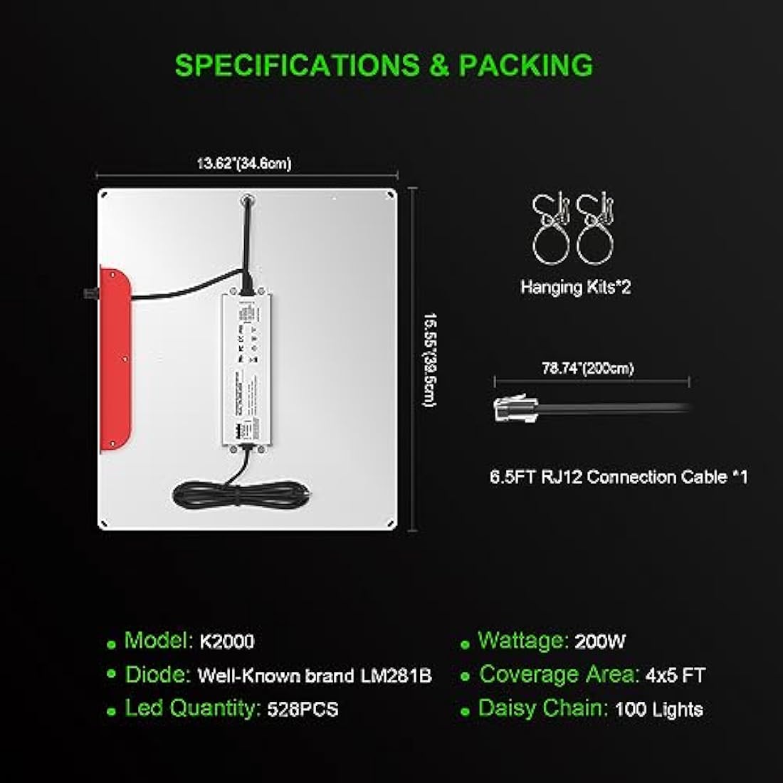 AGLEX K2000 LED Grow Light, Full Spectrum Grow Light with UV IR, LED Plant Grow Lights for Seeding Starting Veg Flower Hanging Growing Lamps 4X5 FT Coverage with Daisy Chain & Dimmable