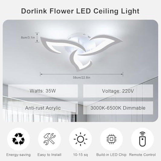 Dorlink LED Ceiling Light Dimmable, 36W 3240LM Modern Design Ceiling Lighting with Remote Control and APP,Acrylic White Flower Fittings Ceilings 3000K-6500K for Bedroom, Kitchen, Dining Room