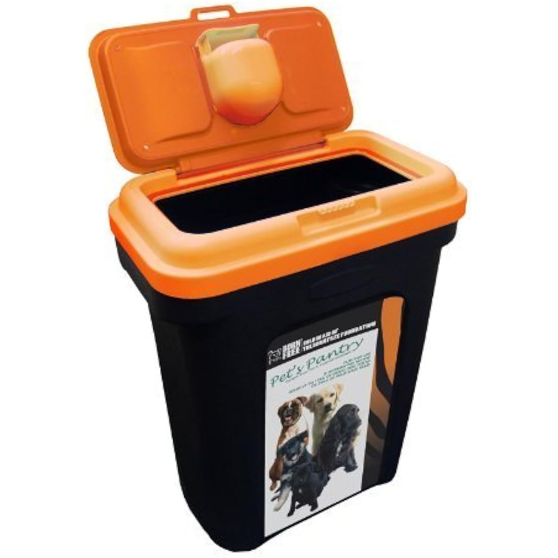 PET FOOD STORAGE CONTAINER BLACK HOLDS 15 25 KG. ORANGE LID RUBBER AIRTIGHT SEAL