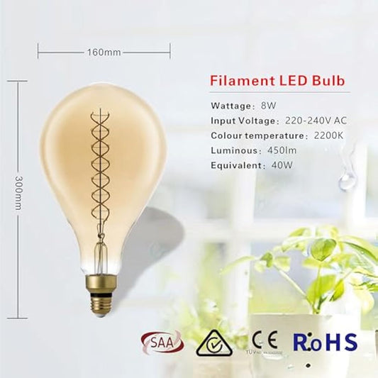 SD LUX E27 Vintage Light Bulbs LED Globe 8W 450LM (40W Equi.) Pendant Light XXL Decorative Light Bulbs Large Vintage Ediosn Bulbs Dimmable Pendant Lighting Warm White 2200K,1 Pack (PS160SL-EU)