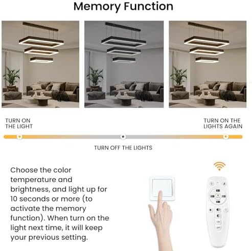 Mikeru Rectangular 3 Ring Pendant Light, 40+60+80CM Living Room Pendant Lights 3000K/4500K/6000K with Remote Control Minimalist Pendant Lamp 10%-100% Dimmable Black Chandelier for Restaurants