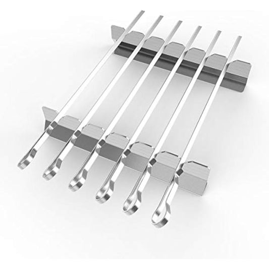 BearMoo Kebab Skewers, 17” Long Stainless Steel Reusable Flat Metal Grilling Skewer Sticks, BBQ Accessories Tools Set for Outdoor Barbecue, 6PCS with 2 Rack Holder Stands and Storage Bag