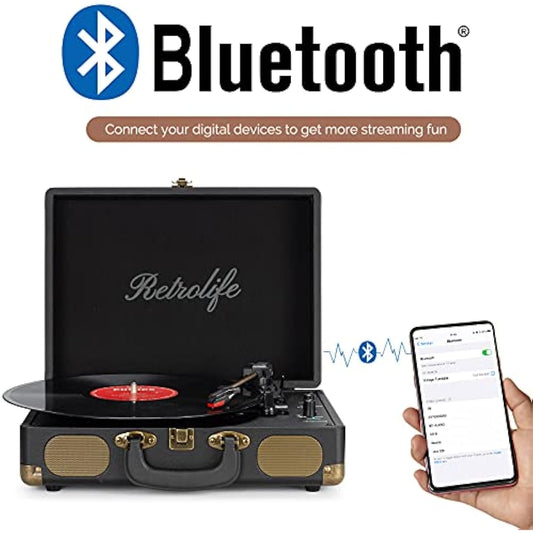 Retrolife Vinyl Record Player 3-Speed Bluetooth Suitcase Portable Belt-Driven Record Player with Built-in Speakers RCA Line Out AUX in Headphone Jack Vintage Turntable