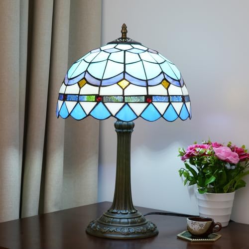 Tiffany Table Lamp Stained Glass Lamp Mediterranean Blue Bedroom Table lamp Reading Desk Light for Bedside Living Room Office Dormitory Dining Room Decorate Housewarming Gift 12X12X18 inches