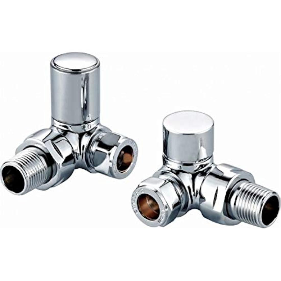 Round Corner Angled Chrome Valve Set - Heated Towel Rail/Radiator Block Valves (Twin Pack) with Round Metal Handles and Quality Chrome Finish