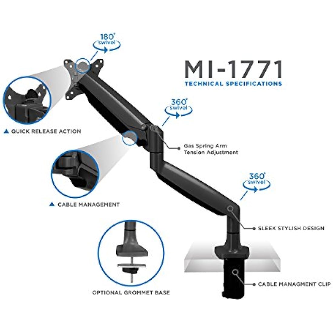 Mount-It! Single Monitor Arm Desk Mount | Gas Spring Monitor Arm | Full Motion Articulating Height Adjustable | Fits 21 22 23 24 27 30 32 Inch VESA Compatible Computer Screen | Clamp and Grommet Base