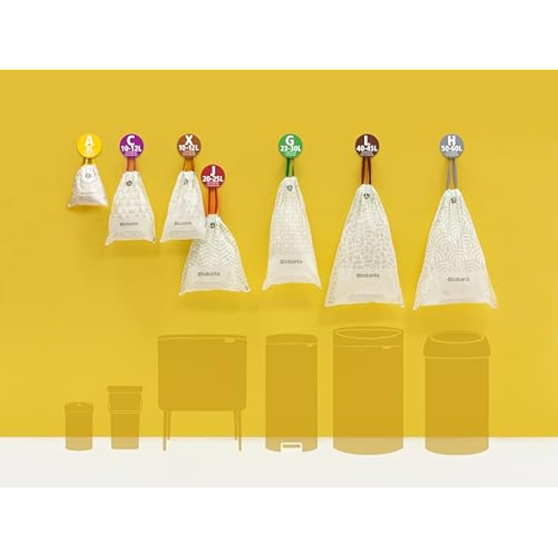 Brabantia 138829 PerfectFit Bin Liners (Size M/60 Litre) Thick Plastic Trash Bags with Tie Tape Drawstring Handles (40 Bags), White