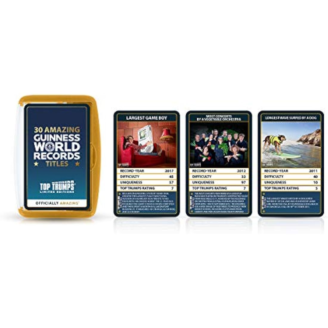 Top Trumps Guinness World Records Limited Editions Card Game, discover 30 amazing records including largest Game Boy, most tattooed and longest fingernails, gift and toy for players aged 6 plus