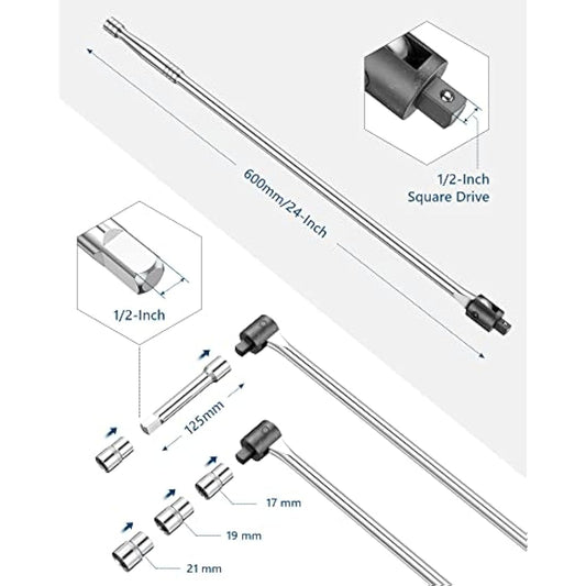 MAXPOWER 24 inch 1/2'' Drive Breaker Bar with Socket Set, 600mm Breaker Bar with 125mm Extension Bar and 17mm, 19mm, 21mm Socket