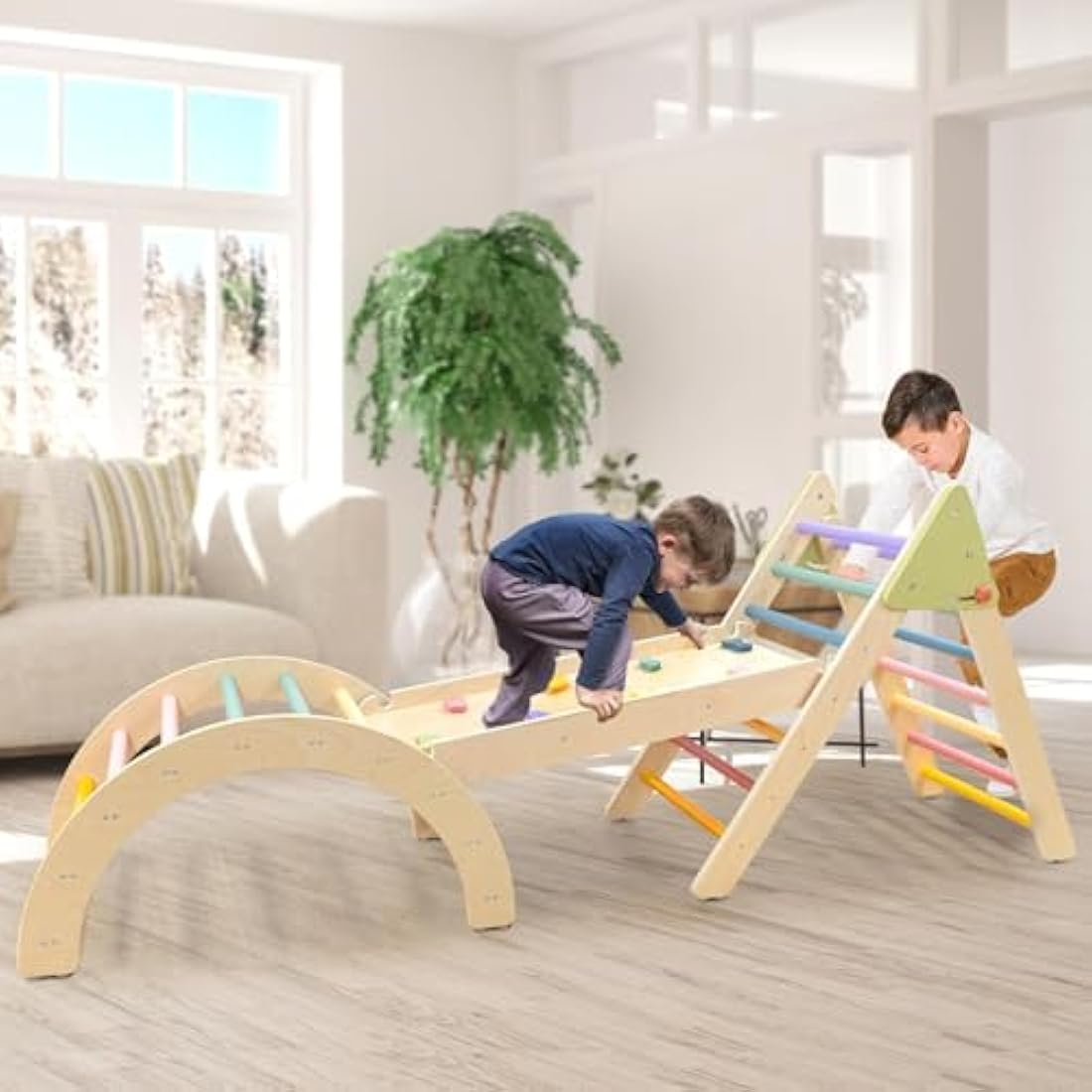LOL-FUN 3in1 Wooden Climbing Frame for Toddlers, Baby Climbing Toys Pikler Triangle Set with Ramp and Arch, Montessori Indoor Play Jungle Gym for Kids 100x49x11CM Package-Rainbow