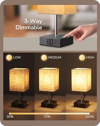 EDISHINE Bedside Lamps Set of 2, 3 Way Dimmable Table Lamp with USB A+C Charging Ports, Touch Lamps for Bedroom, Living Room, Beige Linen Lampshade(LED Bulbs Included)