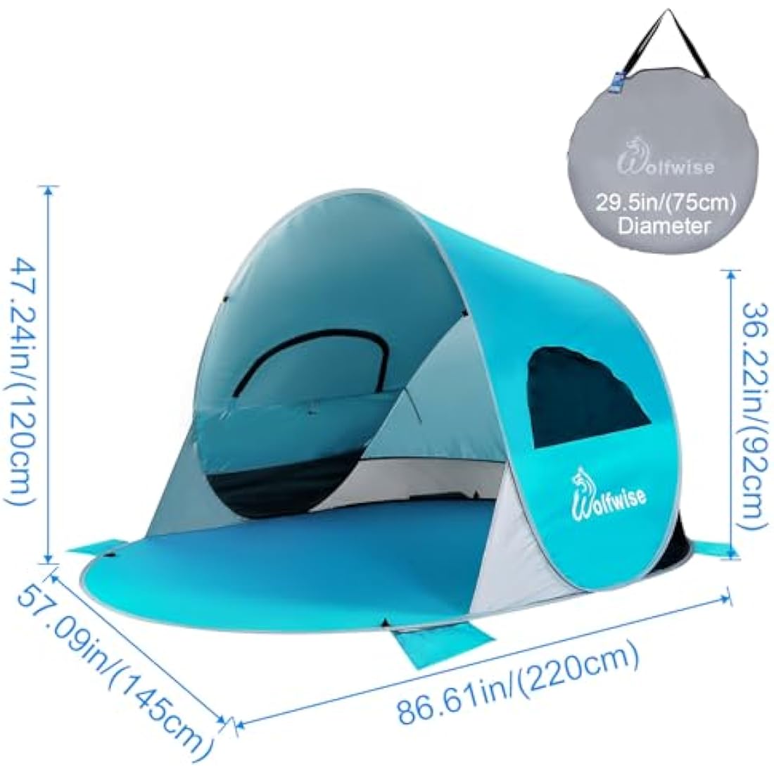 Wolfwise 3-4 Person Pop Up Beach Tent UPF 50+ Family Baby Sun Shelter Canopy Sport Umbrella Sun Shade Tent, Blue