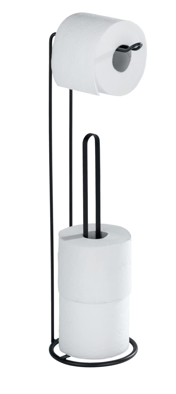 WENKO Lugano 2-in-1 Toilet Paper Holder with Spare Roll Storage for up to 3 Rolls Matt Black Painted Steel Diameter 15.5 x 54 cm