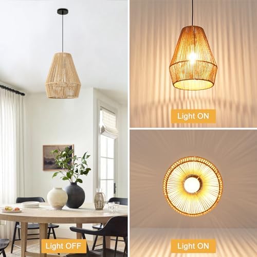 FORCOSO Rattan Pendant Ceiling Light, Boho Lamp Hanging Light Shade Rattan Lampshade, Vintage E27 Light Fitting, Rustic Ceiling Lamp Fixtures for Living Room Bedroom Dining Table Hallway Kitchen