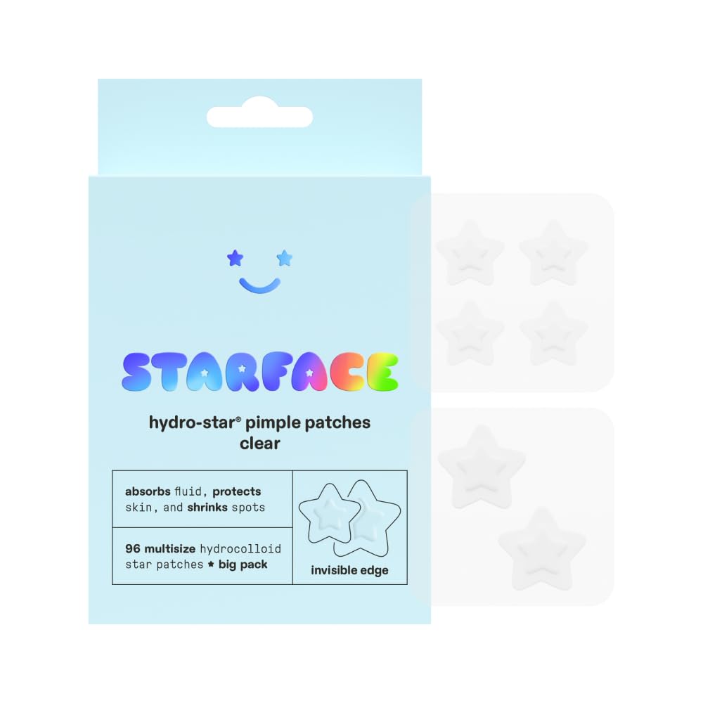 Starface Hydro-Star Clear Big Pack, Invisible Hydrocolloid Pimple Patches, Two Sizes and Star Shape, Absorb Fluid and Reduce Redness 96 Count