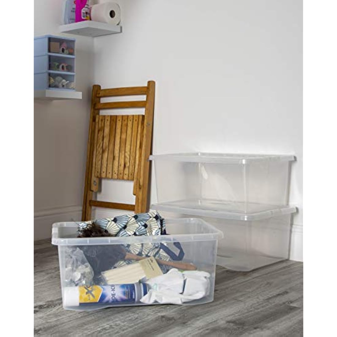 4 x 45L Plastic Storage Boxes Crystal Clear Box & Lid Suitable for all around the Home Office and Workplace Stackable Nestable Large Strong Boxes – 60 x 40 x 25 cm