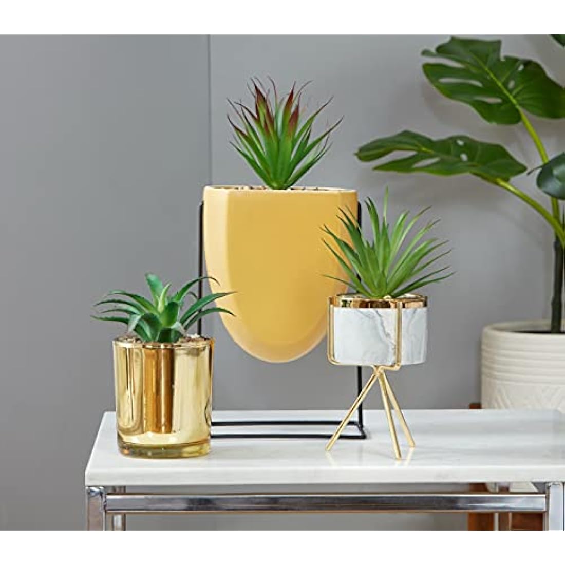 Sleepdown Halo Green Leaf Marble Stand Faux Artificial Succulent Plant for Home Office Bathroom Decor Indoor Decoration Aesthetics, Small
