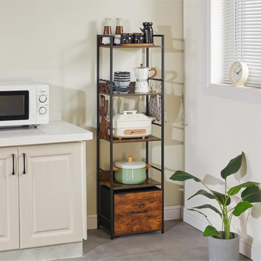 Aibiju Shelf Bookcase, 5-Tier Industrial bookshelf with Fabric Cloth drawers, Free Standing Shelf for Living Room, Bedroom, Kitchen,Office,Steel Frame, Rustic Brown YD-BC001H