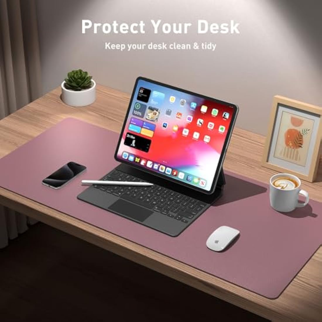 Leather Desk Pad Protector, Mouse Pad, Office Mat, Non-Slip PU Leather Blotter, Laptop Desk Pad, Waterproof Writing Pad for Office and Home (91cm x 43cm, Dark Pink)