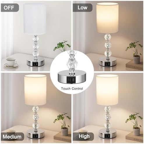Aooshine Touch Table Lamp, Crystal Bedside Lamps with 3 Way Dimmable, Touch Lamps Bedside with USB C+A Charging Ports, Bed Lamps with White Fabric Shade for Living Room, Bedroom, Dorm(Bulb Included)