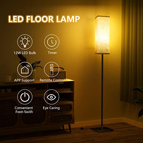 CRLL Floor Lamp for Living Room, Modern Standing Lamps with Remote & Foot Switch, 2700k-6500k Dimmable Tall Reading Lamp with Linen Shade | Standard Lamp Night Light for Bedroom Office (Modern)