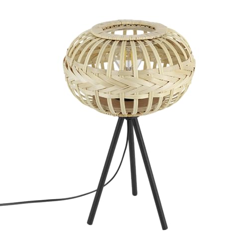 Eglo Tripod Bedside lamp Amsfield 1, Boho Style Light Fixture, Living Room and Bedroom Lighting, Black Metal and Natural Coloured Bamboo, E27 Socket,