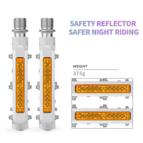 GEWAGE Bike Pedals With Reflective Strips, 3 Sealed Bearings Non-Slip CNC Aluminum Bicycle Platform 9/16" Pedals For Road Bike MTB E-Bike. (White)