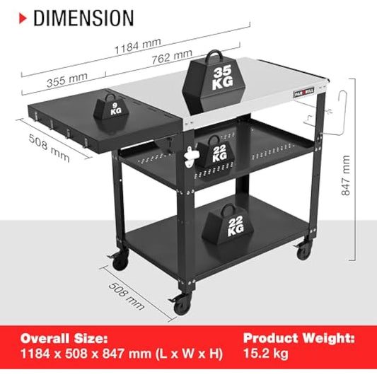 PARGRILL Outdoor Grill Dining Cart, 3-Tier BBQ Table, Movable Food Prep Table with Foldable Tabletop, Stainless Steel Pizza Oven Table with 4 Swivel Wheels, Multifunctional Grilling Table